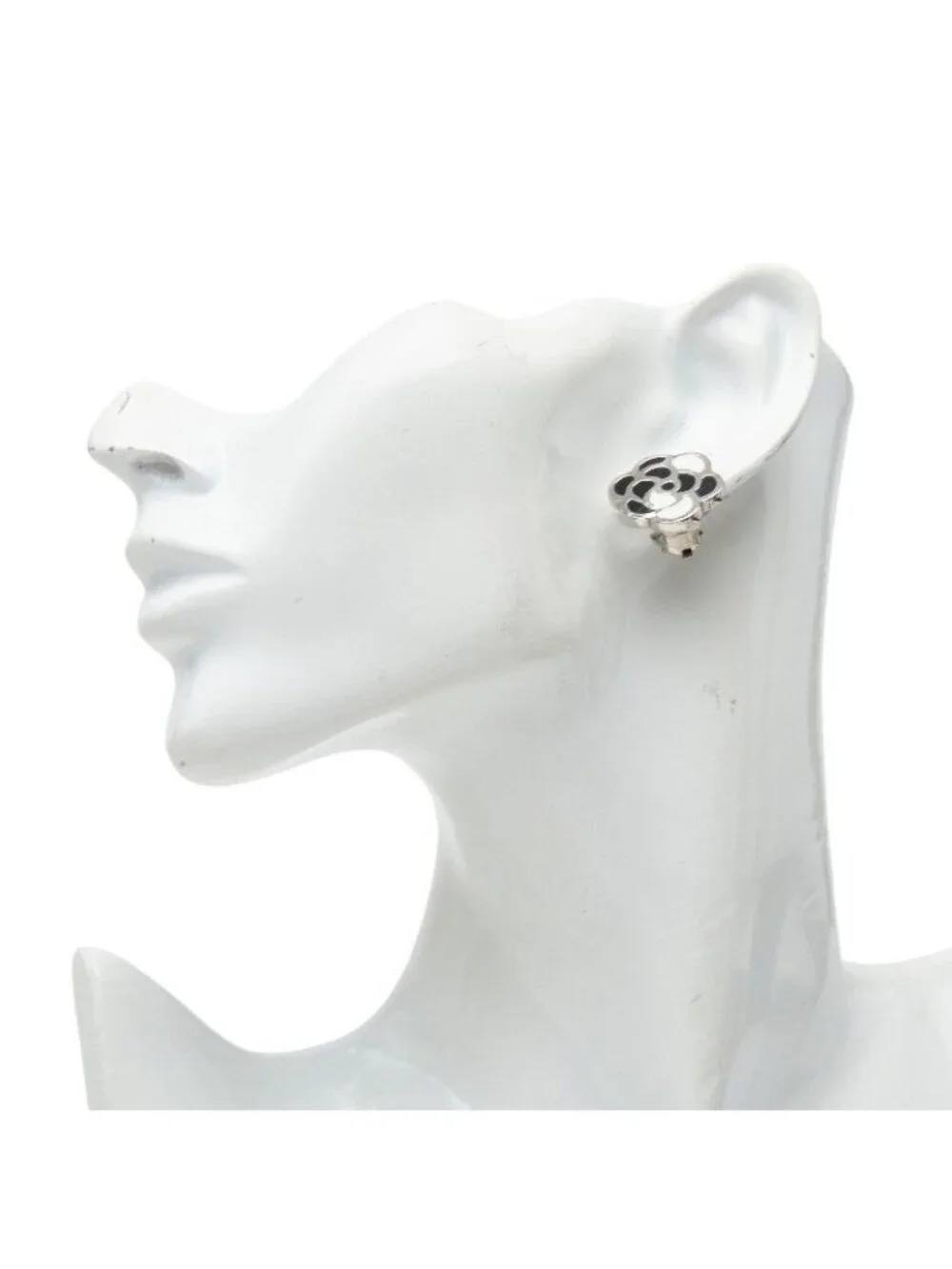 Chanel Camellia Earrings Silver Black Metal